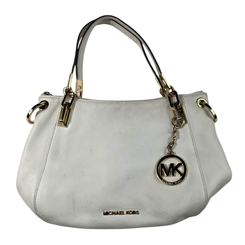 Michael Kors Brooke White Pebbled Leather Shoulder Bag Gold Hardware Medium